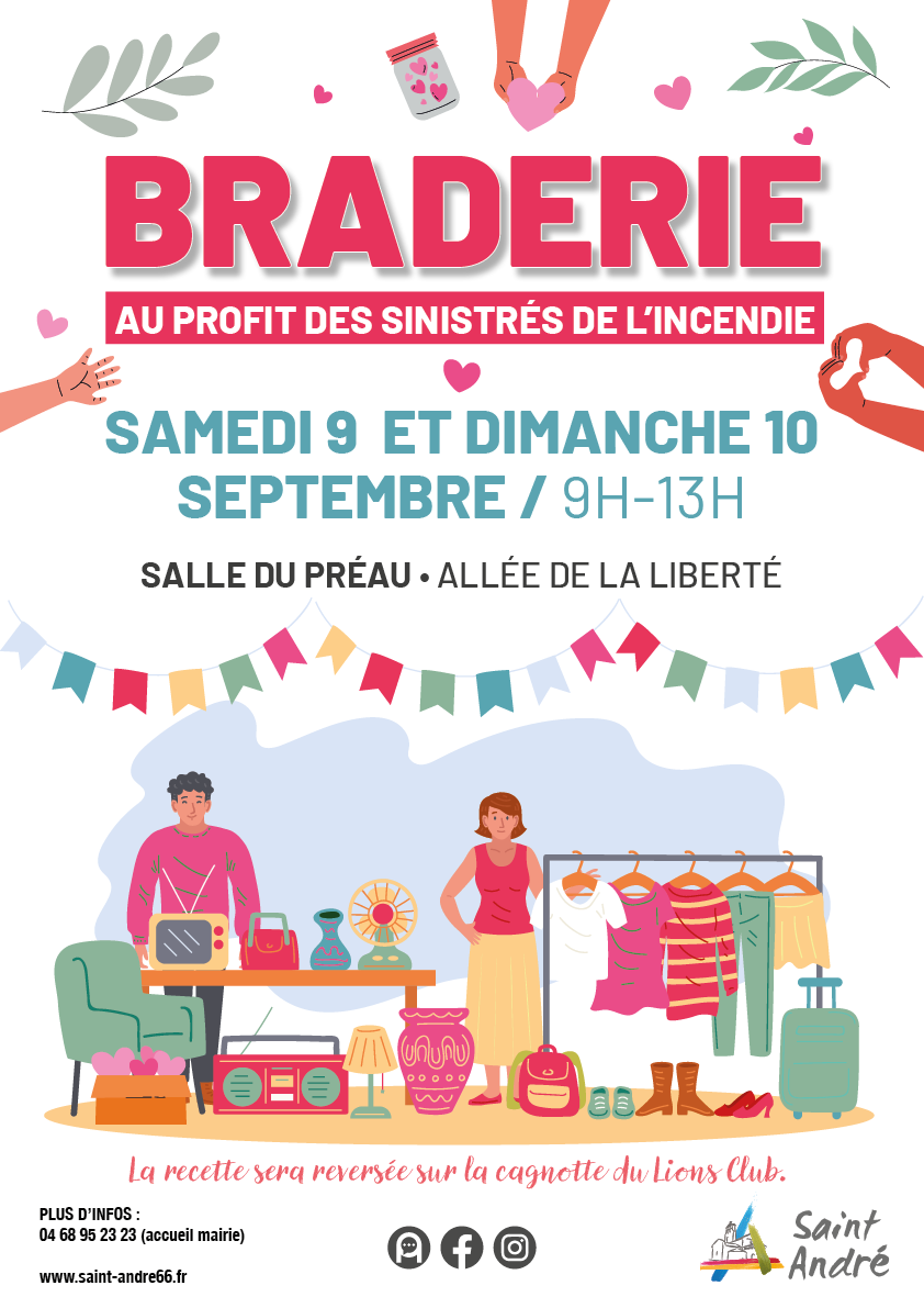 Braderie au profit des sinistrés de l'incendie, le samedi 9 et dimanche 10 septembre, de 9h à 10h