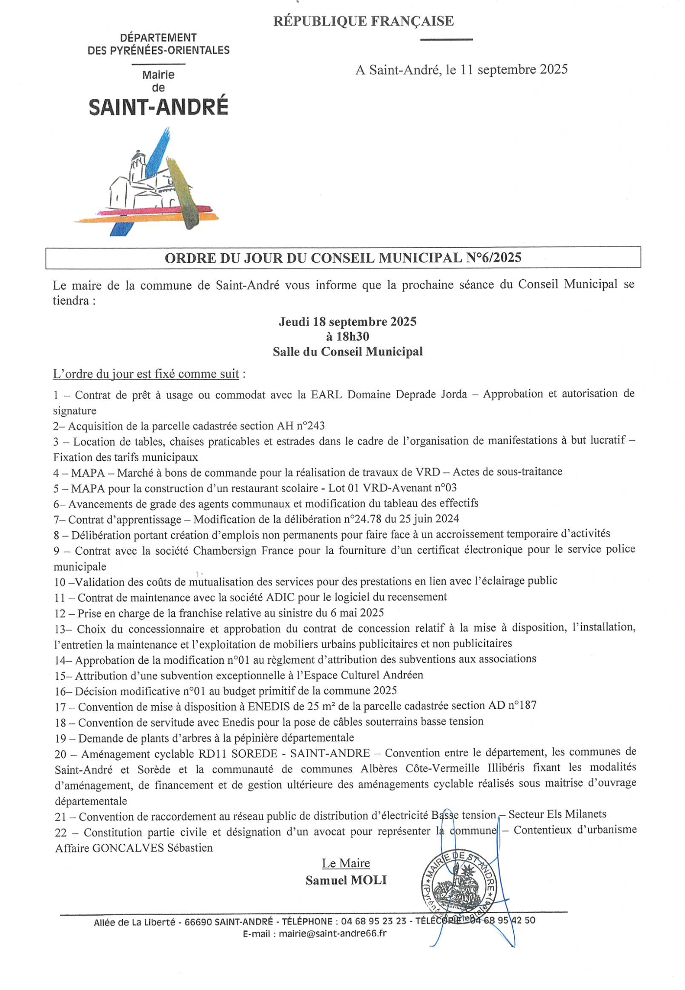Ordre du jour - Conseil municipal n°6